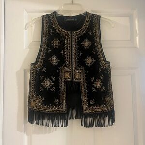 Zara Black Embroidered Fringe Vest